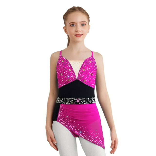 CHICTRY Robe de Patinage Artistique pour Filles, Bretelles Spaghetti, Jupe de Ballet, Rose Vif 10