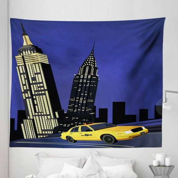 City Tapestry, Skyscrapers and Taxi New York Theme American Downtown Scenic Skyline, Fabric Wall Hanging Decor for Bedroom Living Room Dorm, 5 Sizes, Violet Blue Yellow Black, by Ambesonne