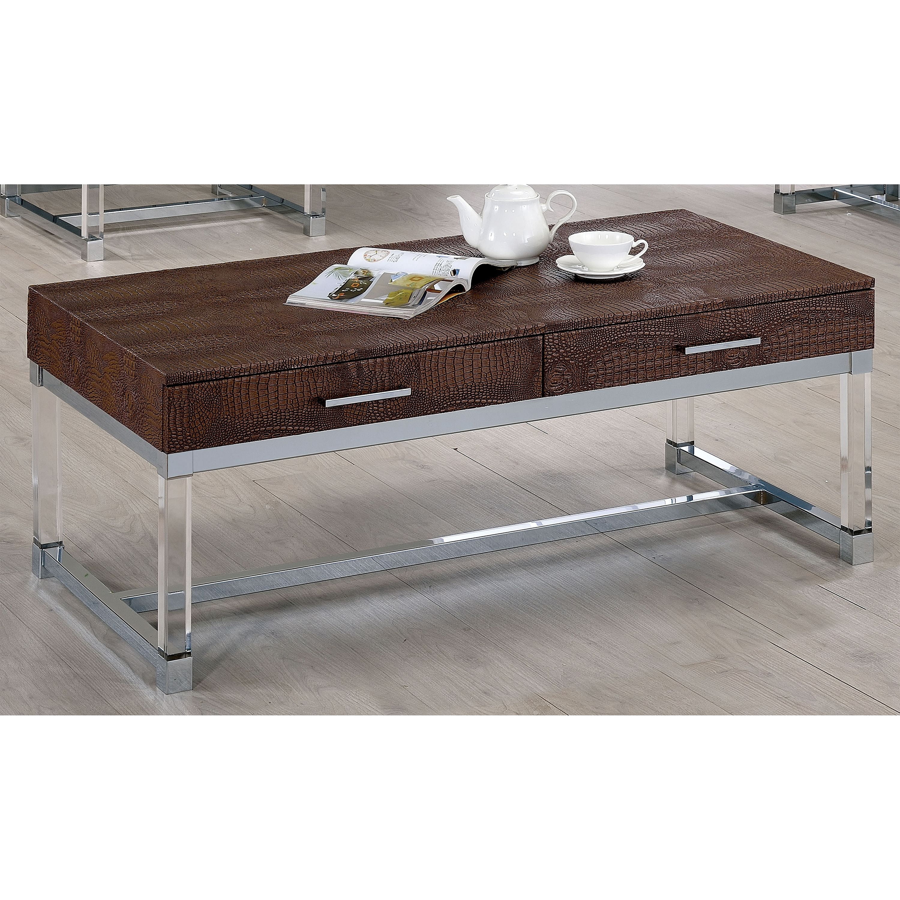 Furniture of America Dolan Faux Leather 2-Drawer Coffee Table, Brown