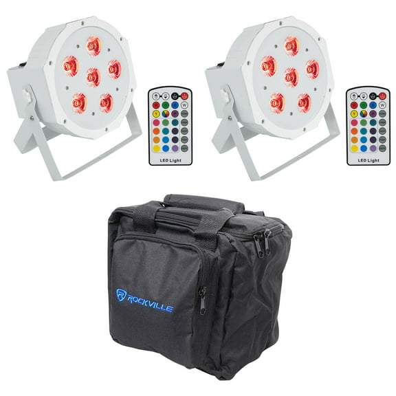 (2) Rockville BATTERY PAR 6RF White Rechargeable Wireless DMX Lights Remotes Bag