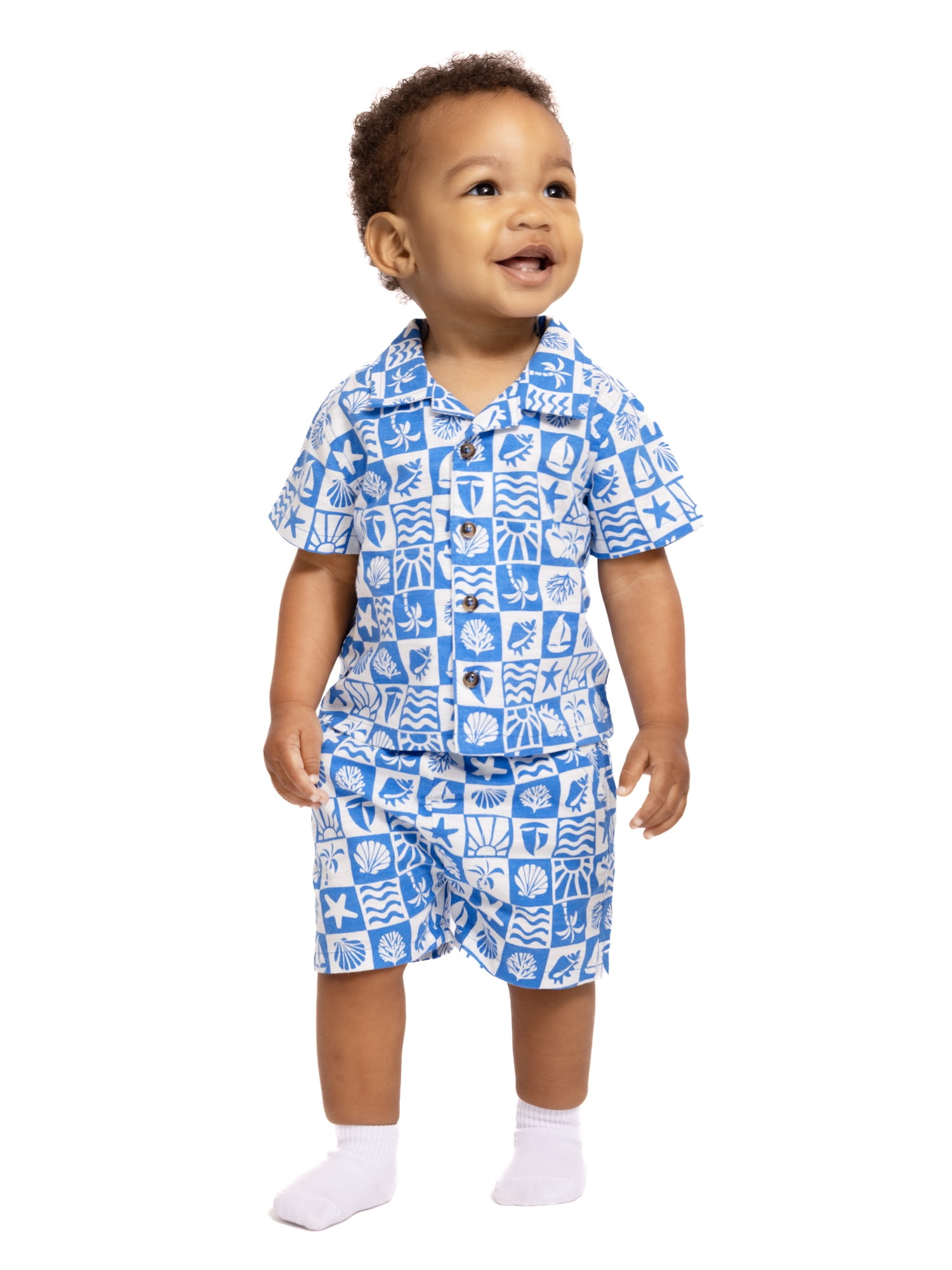 Wonder Nation Baby Boys Short Sleeve Printed Collared Button Top and Matching Shorts Set, Sizes 0/2M-24M