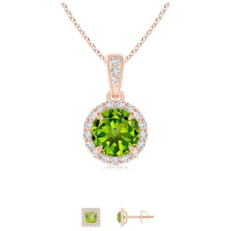 Paris Jewelry 18K Rose Gold 3ct Halo Peridot Round 18 Inch Necklace and Halo Square Earrings Set Plated