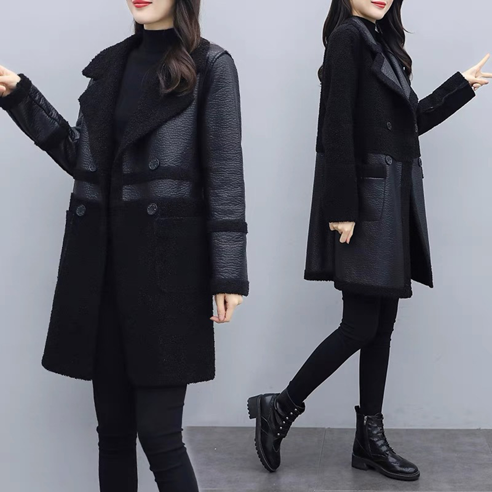 Autumn Winter Women Jacket Thickened Plush Faux Leather Patchwork Mid Length Plus Size Patch Pockets Double-breasted Turn-down Collar Overcoat