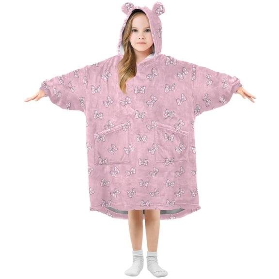 Wearable Blanket Hoodie for Kids Cute and Playful Bow Flannel Hooded Blanket with Pockets and Sleeves Suitable for Boys and Girls