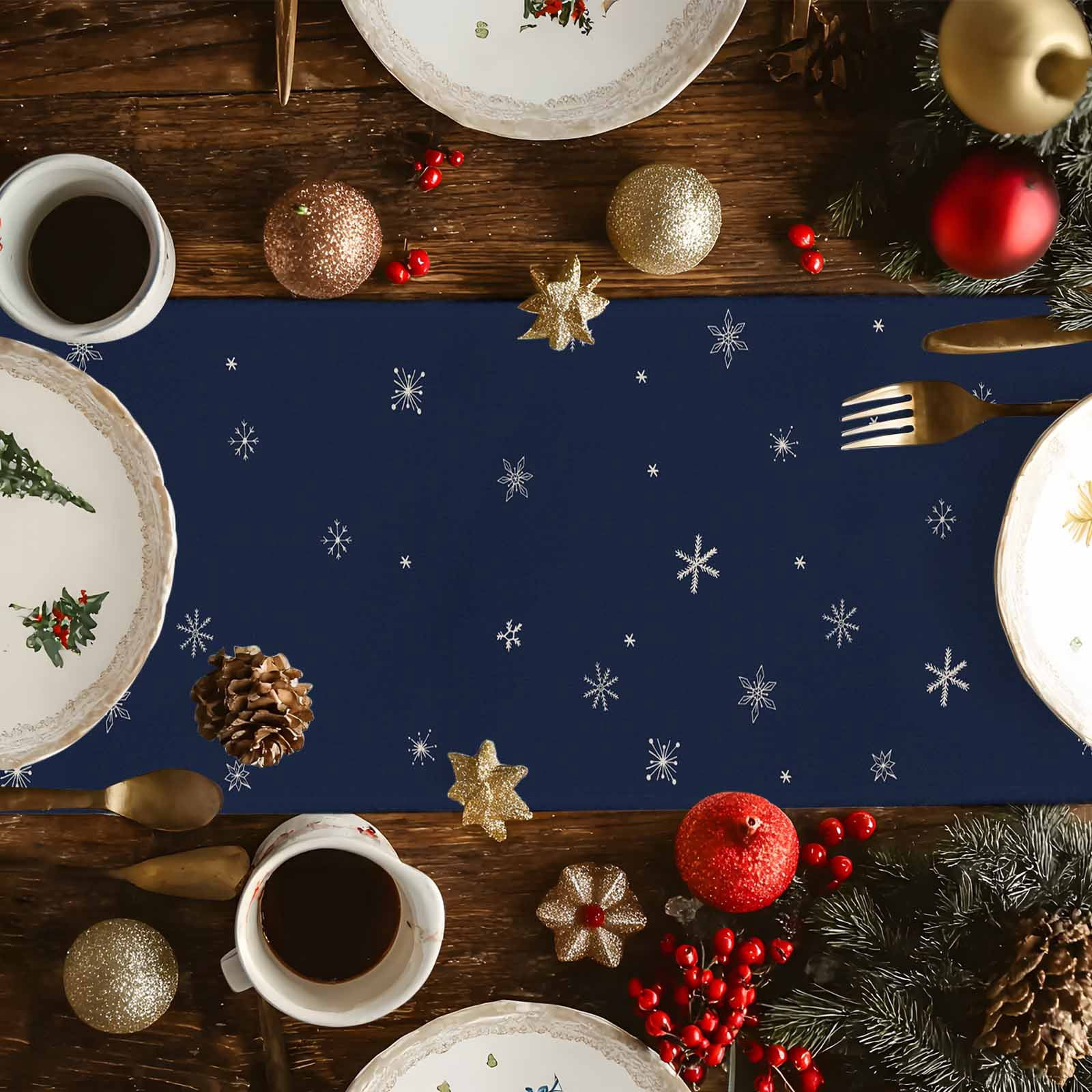 Navy Blue Christmas Dresser Scarf Farmhouse, Dining Table Decorations for Wedding/Parties, Xmas Tree Snowflake Table Runner 72 Inches Long for Kitchen Dining, 14 x 72 In