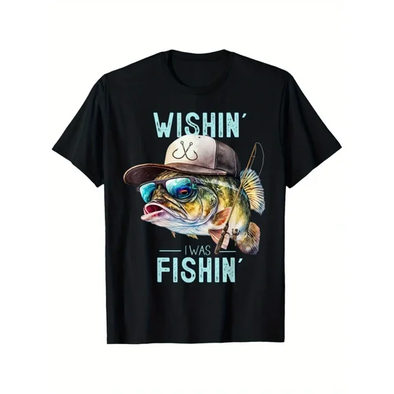 Men's Funny "Wishin' I Was Fishin'" Bass Graphic T-Shirt - 100% Cotton Moisture-Wicking Tee with Fashion Glasses Fish Design