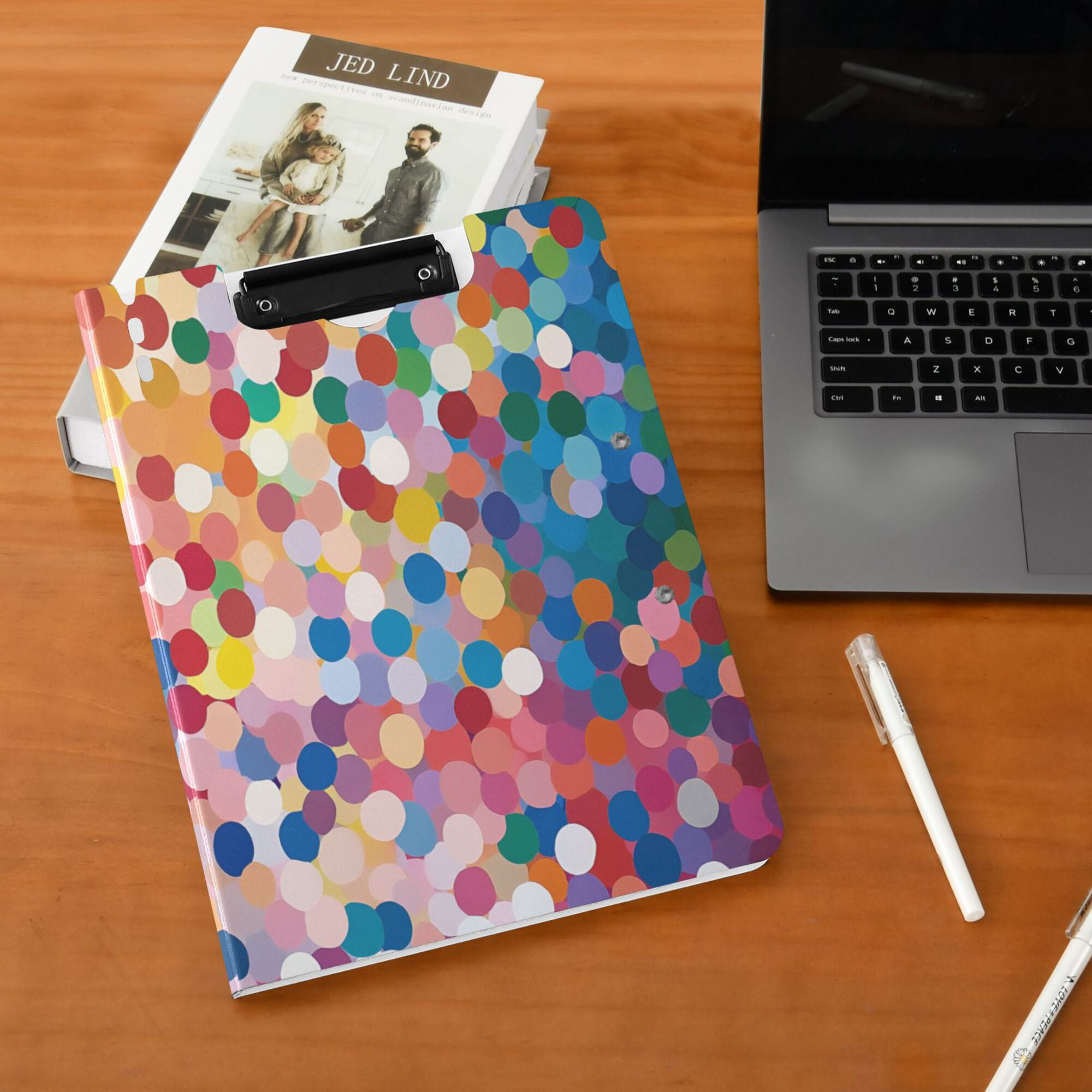 FORMRS A4 Clipboard Folder with Pen Holder Horizontal Foldable School Office Binder, Light Colorful Circles