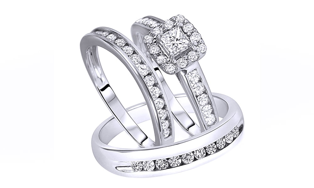 White Natural Diamond Engagement & Wedding Trio Bridal Ring Set In 10k ...