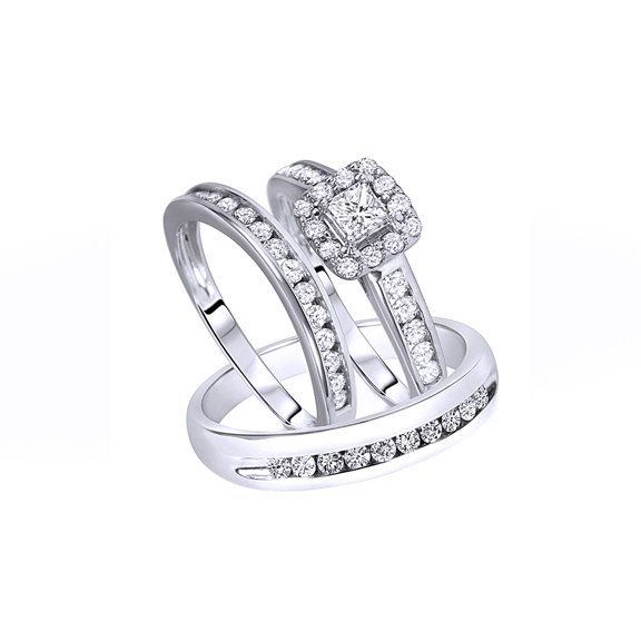 AFFY White Natural Diamond Engagement & Wedding Trio Bridal Ring Set In 10k White Gold (1.2 Cttw)