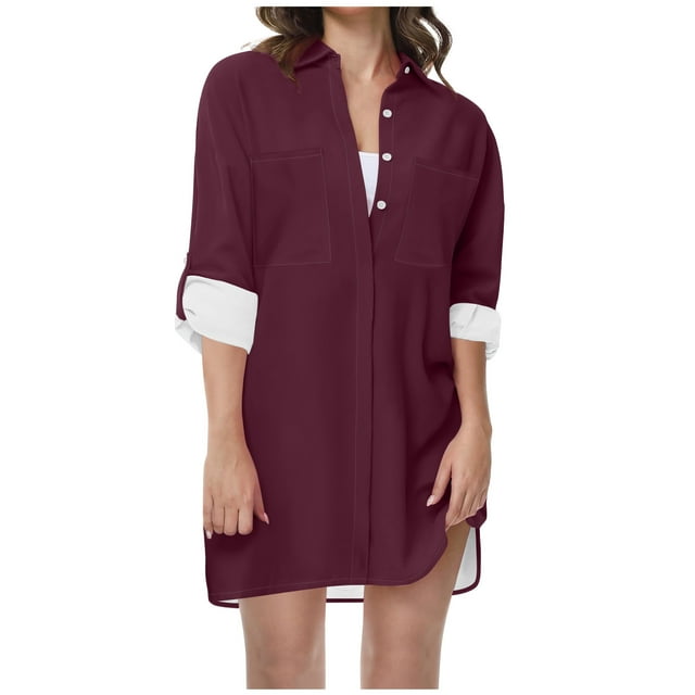 FAIWAD Robe Chemise à Boutons pour Femme, Manches Longues Roulées, Robe Ample, Couleur Unie, Col à Revers, Longue Chemise