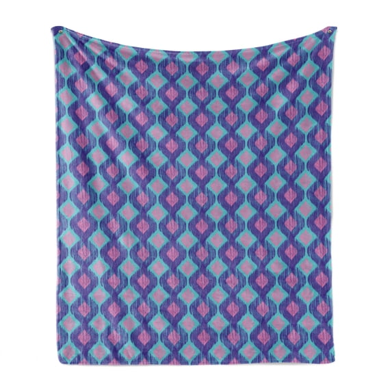Ikat Soft Flannel Fleece Blanket, Tribal Abstract Shapes with Smudged Paint Effect Vertically Aligned Ogee, Cozy Plush for Indoor and Outdoor Use, 60" x 80", Purple Sky Blue and Pink, by Ambesonne