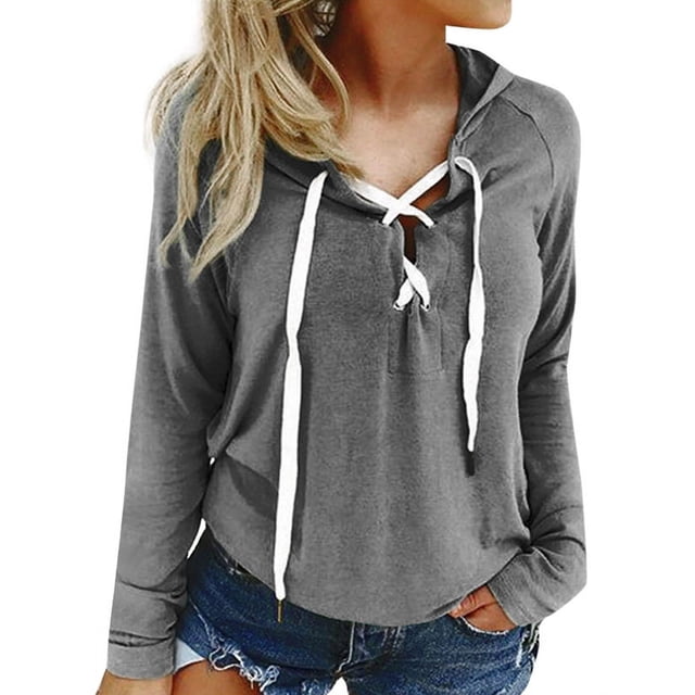 Worallymy Sudadera con capucha de color sólido con cuello en V y manga larga para mujer Worallymy JD735813436
