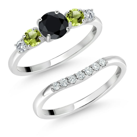 Gem Stone King 10K White Gold Black Sapphire Green Peridot and White Lab Grown Diamond 5 Stone Bridal Engagement Wedding Ring Set for Women (1.04 Cttw, Round: 5MM and 3MM, Size 5)
