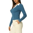 thumbnail image 4 of INSPIRE CHIC Women's Fitted Knit V Neck Contrast Color Long Sleeve Polo Sweater Tops S Blue, 4 of 6