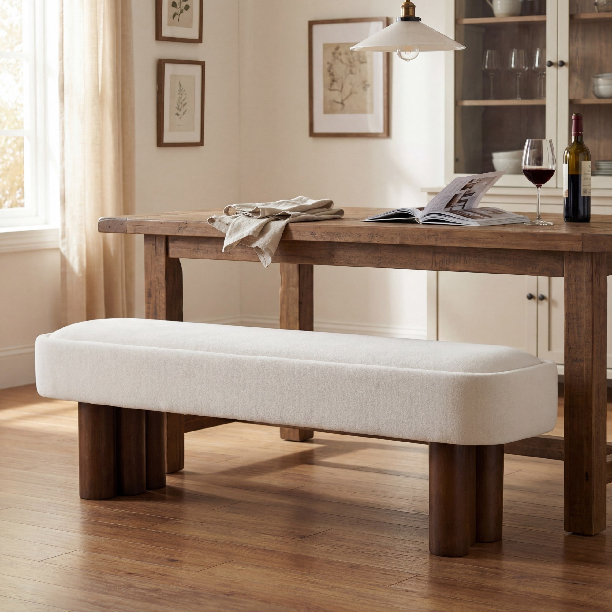 Sailvan 60" Boucle Dining Bench,Upholstered Kitchen Seating with Walnut Legs,Modern Indoor Bench for Entryway and Living Room Beige