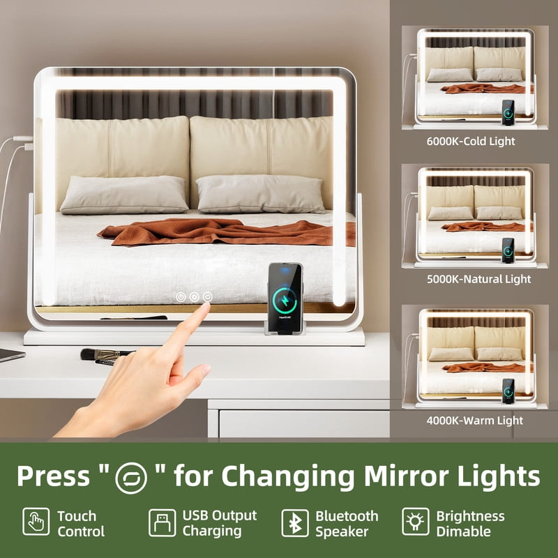 Uforic 28''x22'' Vanity Mirror with LED Lights & USB, Vanity Makeup Mirror with Bluetooth Tabletop Wall Mount, Led Mirror Makeup with 3-Color Lighting, White