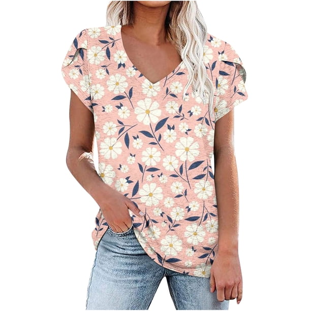 Camiseta de Manga Corta Suelta con Cuello en V Impresa, Blusa Casual para el Hogar Y el Uso Diario