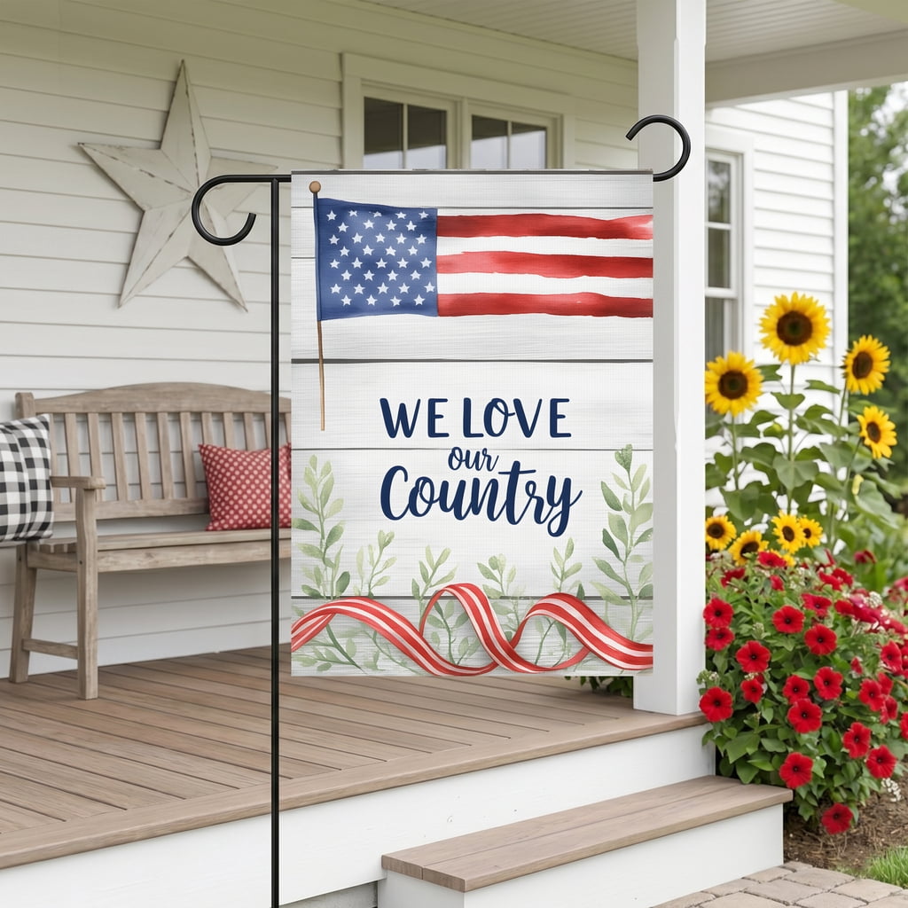 red white blue garden flag A flag with the words we love our country on it. WE LOVE our Country america 250 decor 28x40 Inch Vertical Banner americana decor