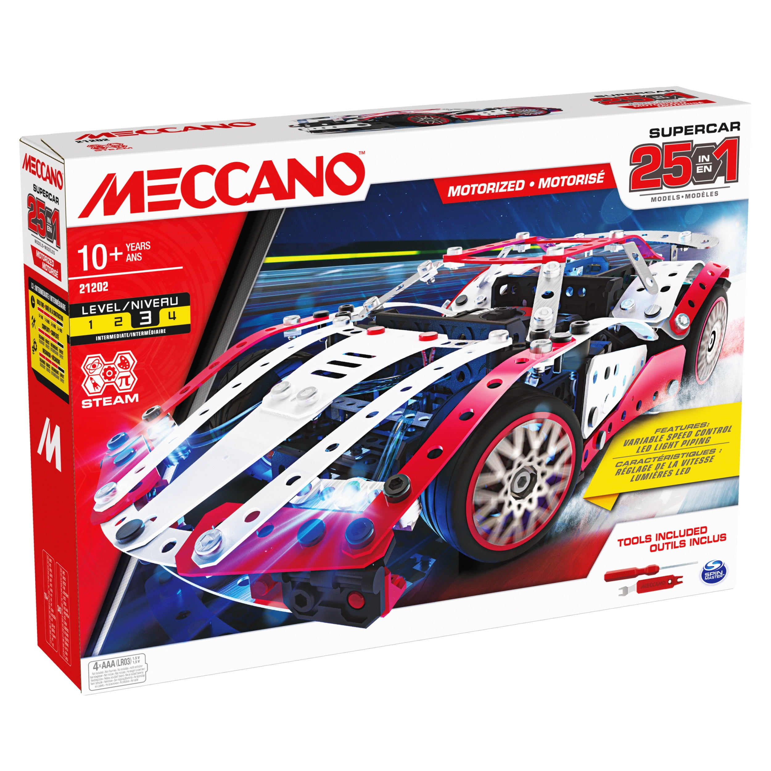 Meccano, 25-in-1 Motorized Supercar STEM Model Building Kit with 347 Parts,  Real Tools and Working Lights, Kids Toys for Ages 10 and up 