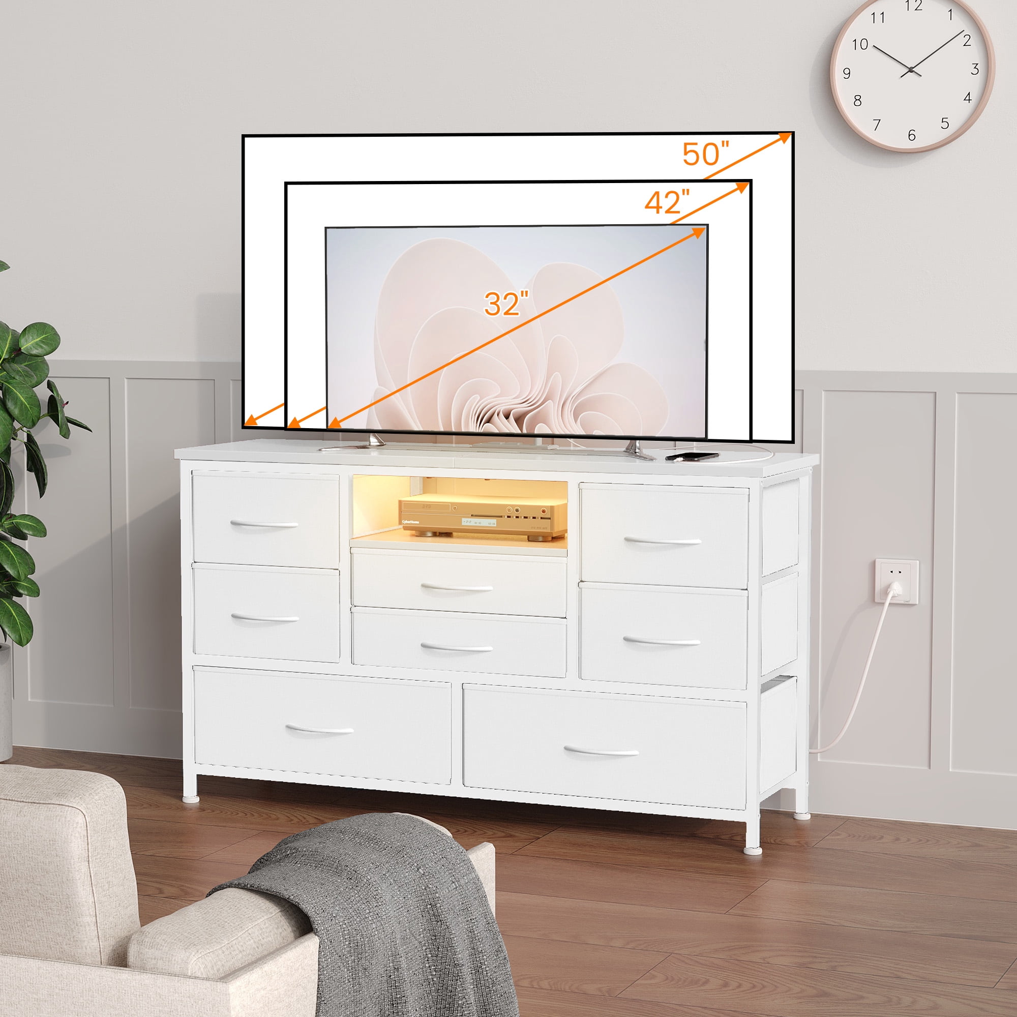 KOKEBREN 47.4"Wide Dressers for Bedroom 8 Fabric Drawers Dresser with LED lights & Power Outlet TV Stand for 55" TV,White