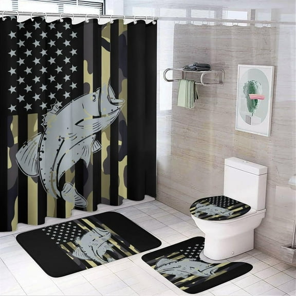 Patriotic Bass Fishing 4 Pcs Shower Curtain Sets with Rugs Bathroom Sets with Toilet Lid Cover and Bath Mat