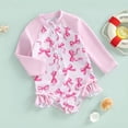 thumbnail image 4 of Girls Long Sleeve Rash Guard One Piece Swimsuit, Pink Bow Print with Ruffle Hem, UPF 50+ Front Zip Bathing Suit for Beach Pool(Pink,0-3 Months), 4 of 6