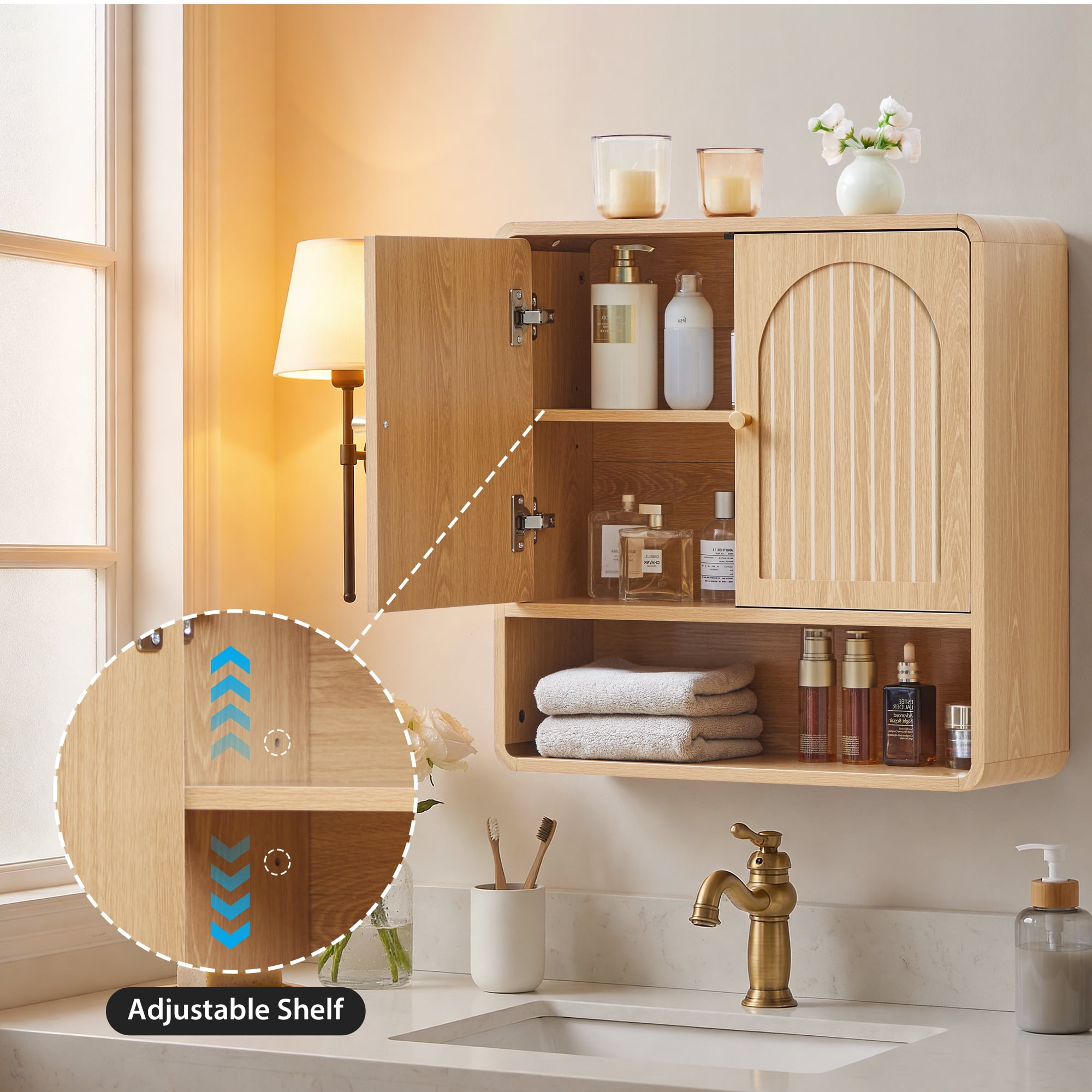 Wirrytor Modern Fluted Medicine Cabinet Storage, Wooden Bathroom Wall Cabinet with Hanging Rod Adjustable Shelf, Natural Oak