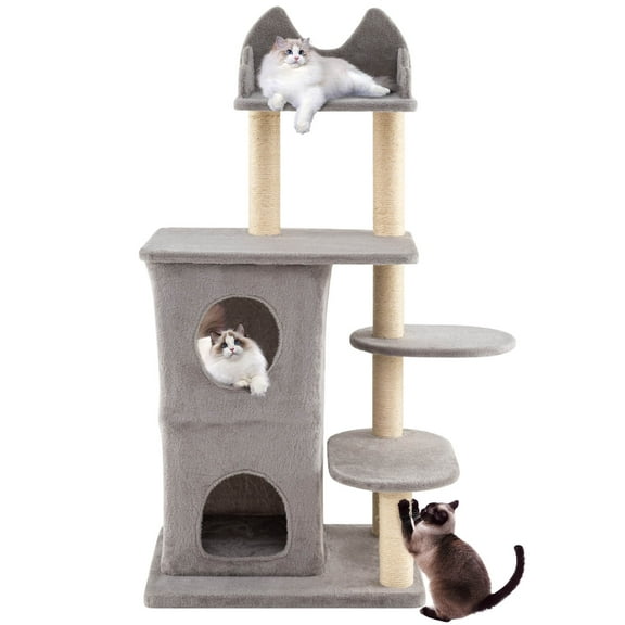 Costway 48.5 inch Cat Tree for Indoor Cat with 2-story Condo, 3 Hideaway Caves, Plush Perch