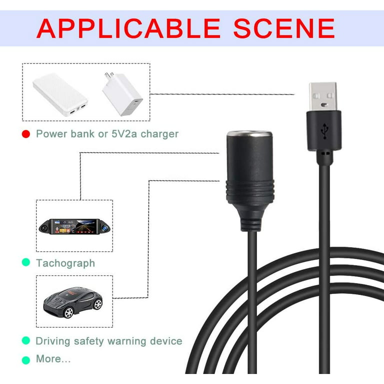 USB A Male to 12V Car Cigarette Lighter Socket Female Converter Cable 2-Pack