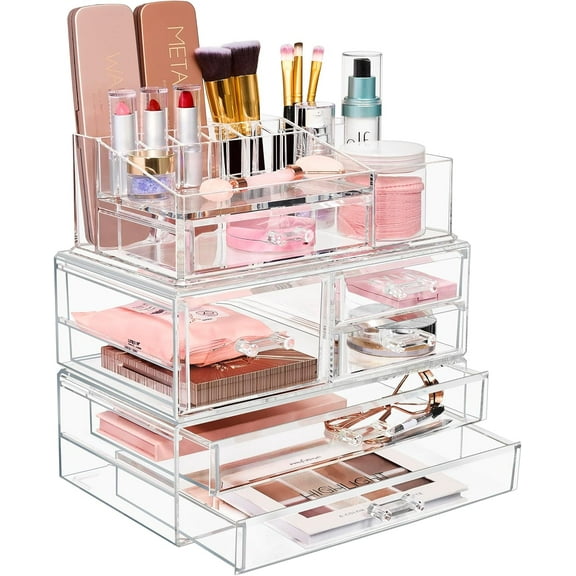 Sorbus 3 Piece Acrylic Makeup Organizer Set - Vanity Countertop Cosmetics and Jewelry Storage Case Display with 5 Easy Glide Drawers 16 Slot Top Tray