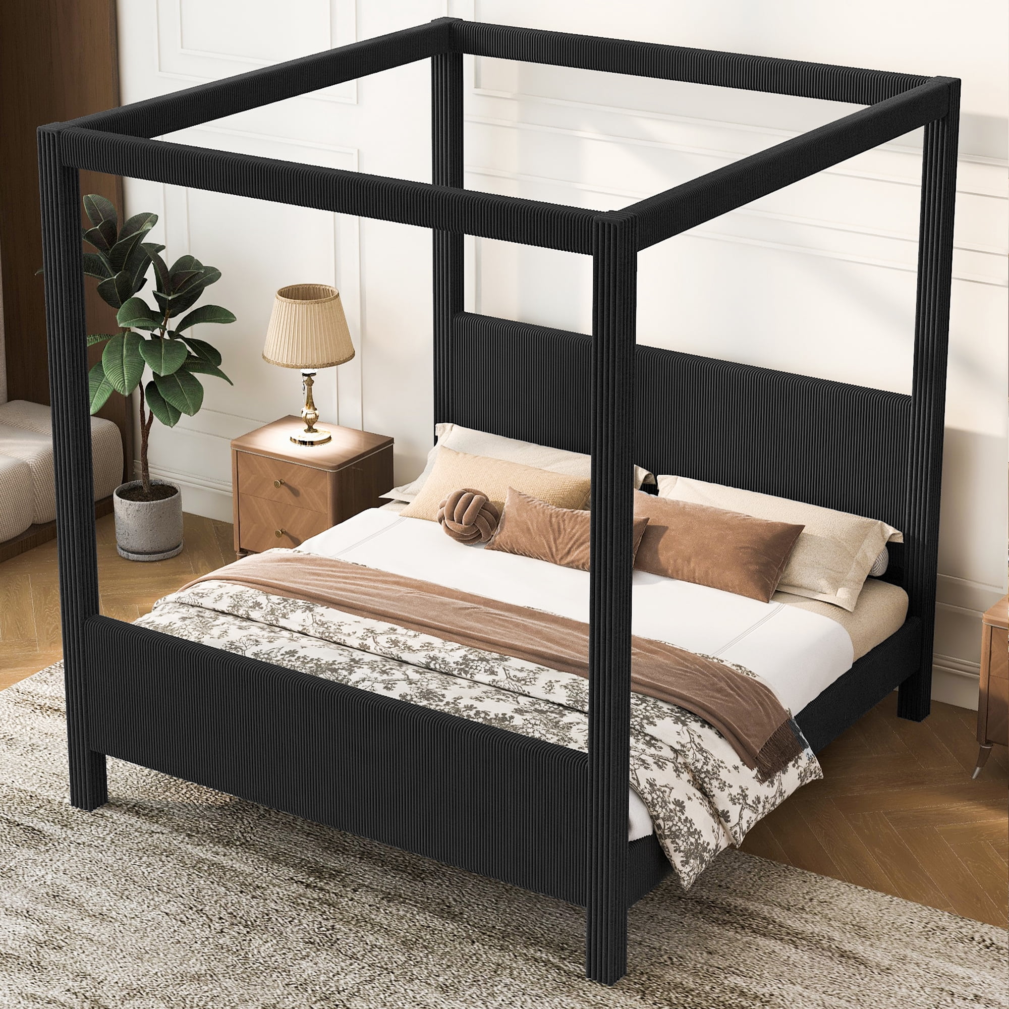 Euroco Upholstery Queen Size Canopy Platform Bed, No Box Spring Needed, Black