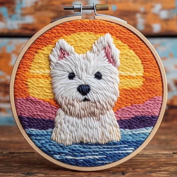 DIY Punch Needle Kits for Beginners Cute West Highland Terrier Dog with Sunset with Hoop Punch Needle Starter Craft Embroidery Set Easy for Adults and Children Festival Gift and Decoration 20x20cm-1