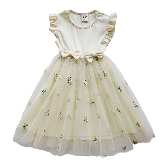 Robes Décontractées pour Filles en Bas Âge Été Broderie Florale Col Rond Manches Volantes Nœud Robe de Danse Tenue de Vacances, Beige, 2-3 Ans