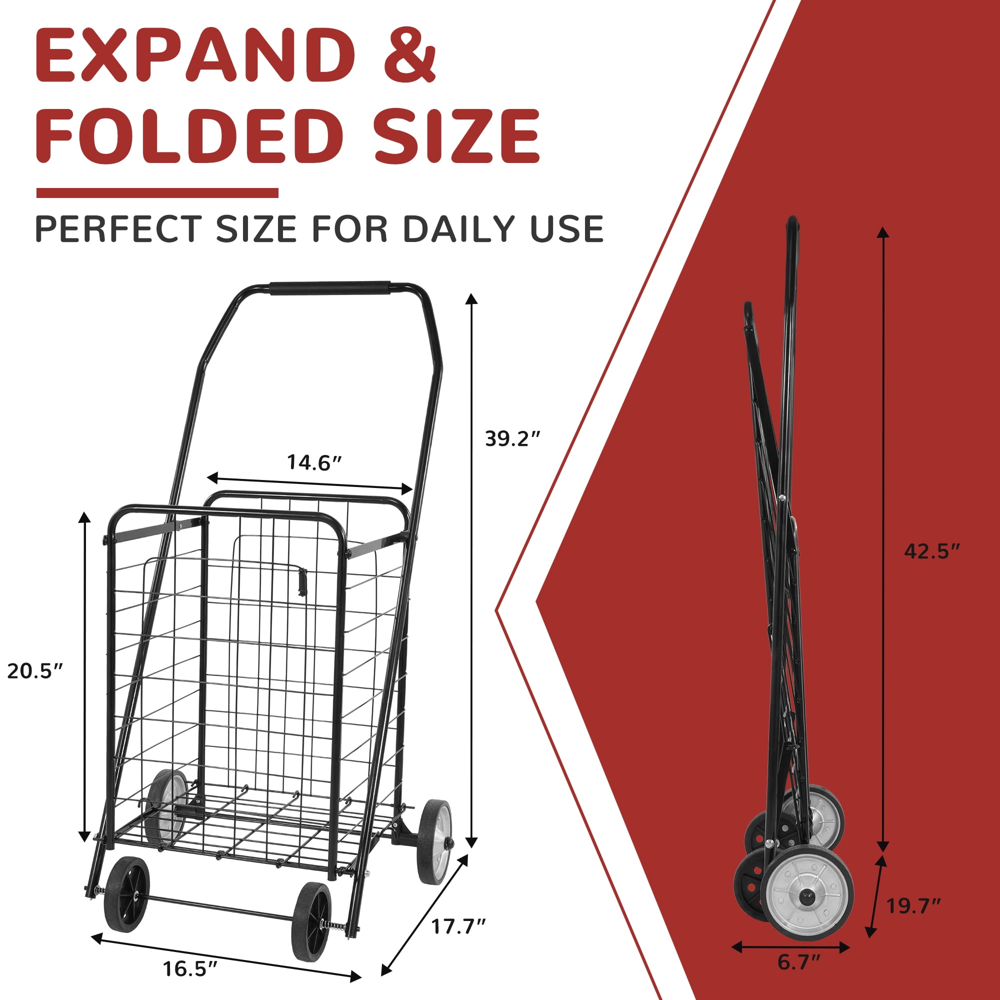 FlexWave Foldable Shopping Cart，Lightweight Utility Trolley，with Wheels， Easy to Assemble and Store, for Groceries, Laundry & Travel，Black