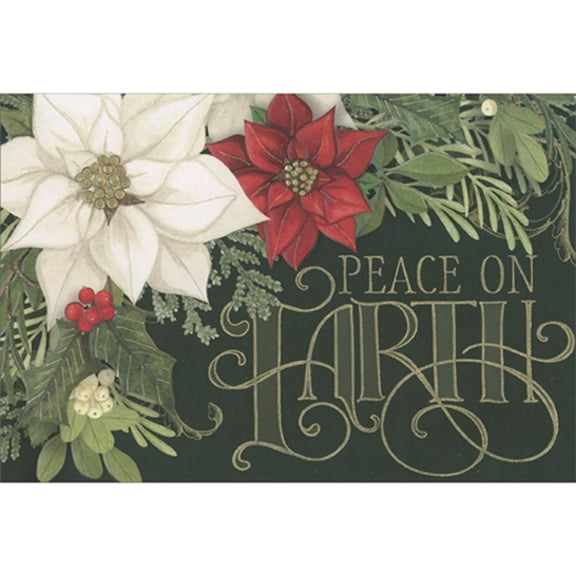 Pictura Peace On Earth: Red and White Poinsettias and Berries on Greenery Christmas Card