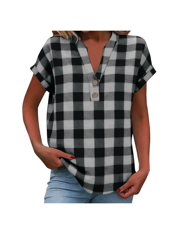 Checked Shirts Short Sleeve V Neck Plaid Tops for Women Buttons Up Summer T-Shirt Lightweight Comfy Oversized Vacation Casual Clothes