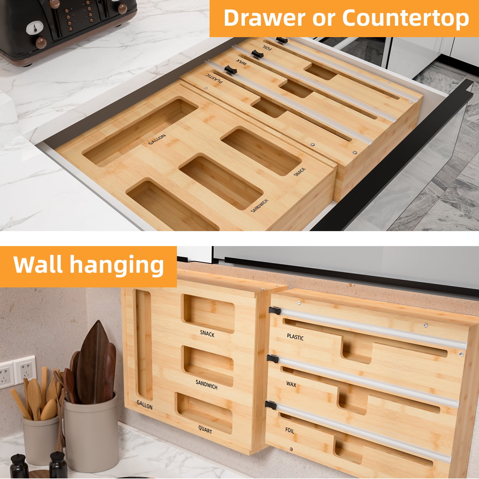 Storage Bag Organizer Foil and Plastic Wrap Organizer Dispenser with Cutter Kitchen Organizers Storage for Kitchen Drawer Dispenser for Gallon Quart Snack Sandwich