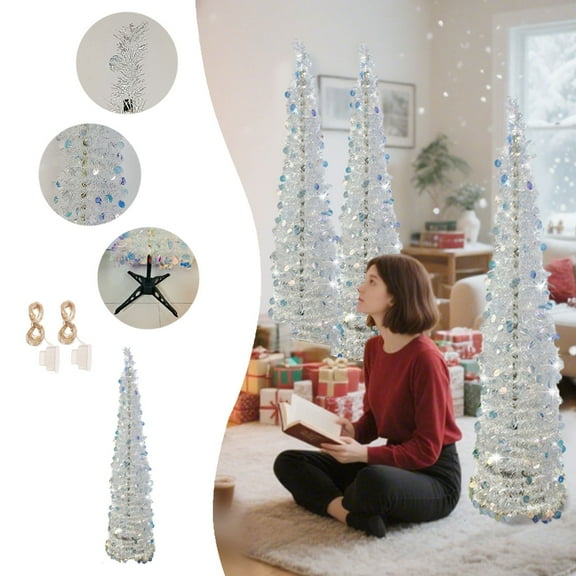 59 Inch Artificial Christmas Tree with Light Strips, Glitter Skinny Pencil Tinsel Christmas Tree Detachable for Home Fireplace Holiday Party Decorations