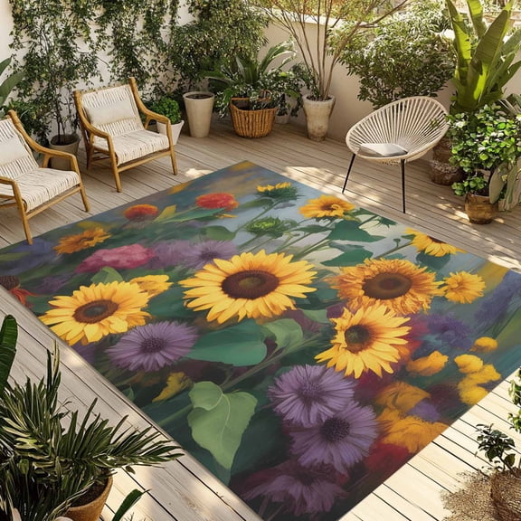Sunflower Outdoor Rug for Patio/Deck/Porch, Non-Slip Large Area Rug 4 x 6 Ft, Modern Oil Painting Summer Botanical Floral Indoor Outdoor Rugs Washable Area Rugs, Reversible Camping Rug Carpet Runner
