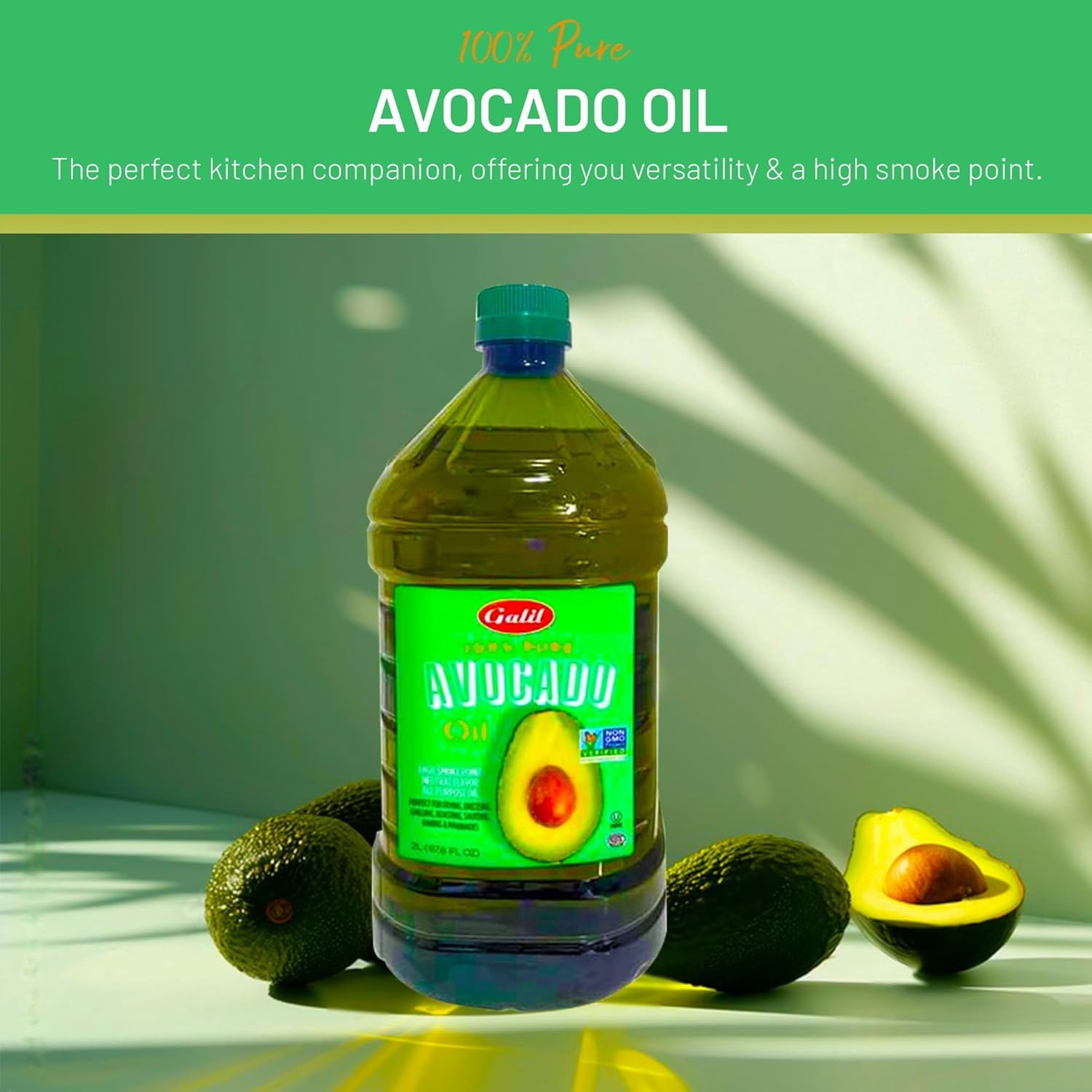Galil Pure Avocado Oil, High Smoke Point Avocado Cooking Oil, Vegan and Halal Certified, 2 Liters