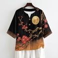 thumbnail image 4 of Xoenoiee Plum Blossom Moon Print Womens Button Down Shirts Linen Cotton 3/4 Sleeve Blouses Casual Loose Fit Gauze Tops Plus Size, 2XL, 4 of 7