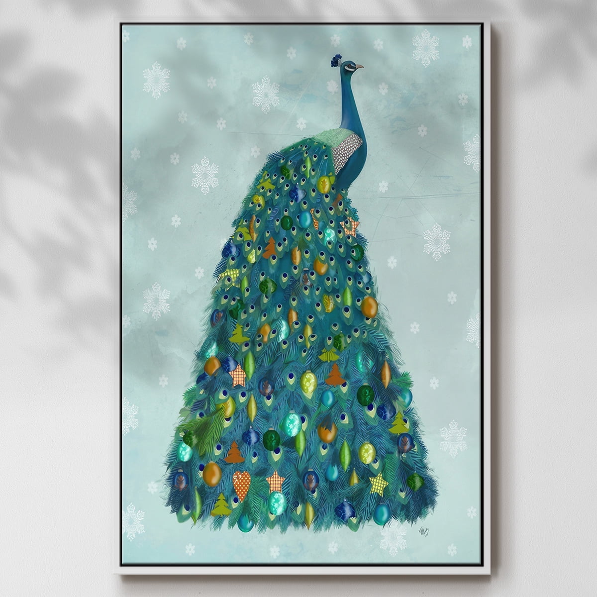 Christmas Peacock Christmas Tree - Framed Gallery Wrapped Holiday Canvas - 17 x 25 - White Frame