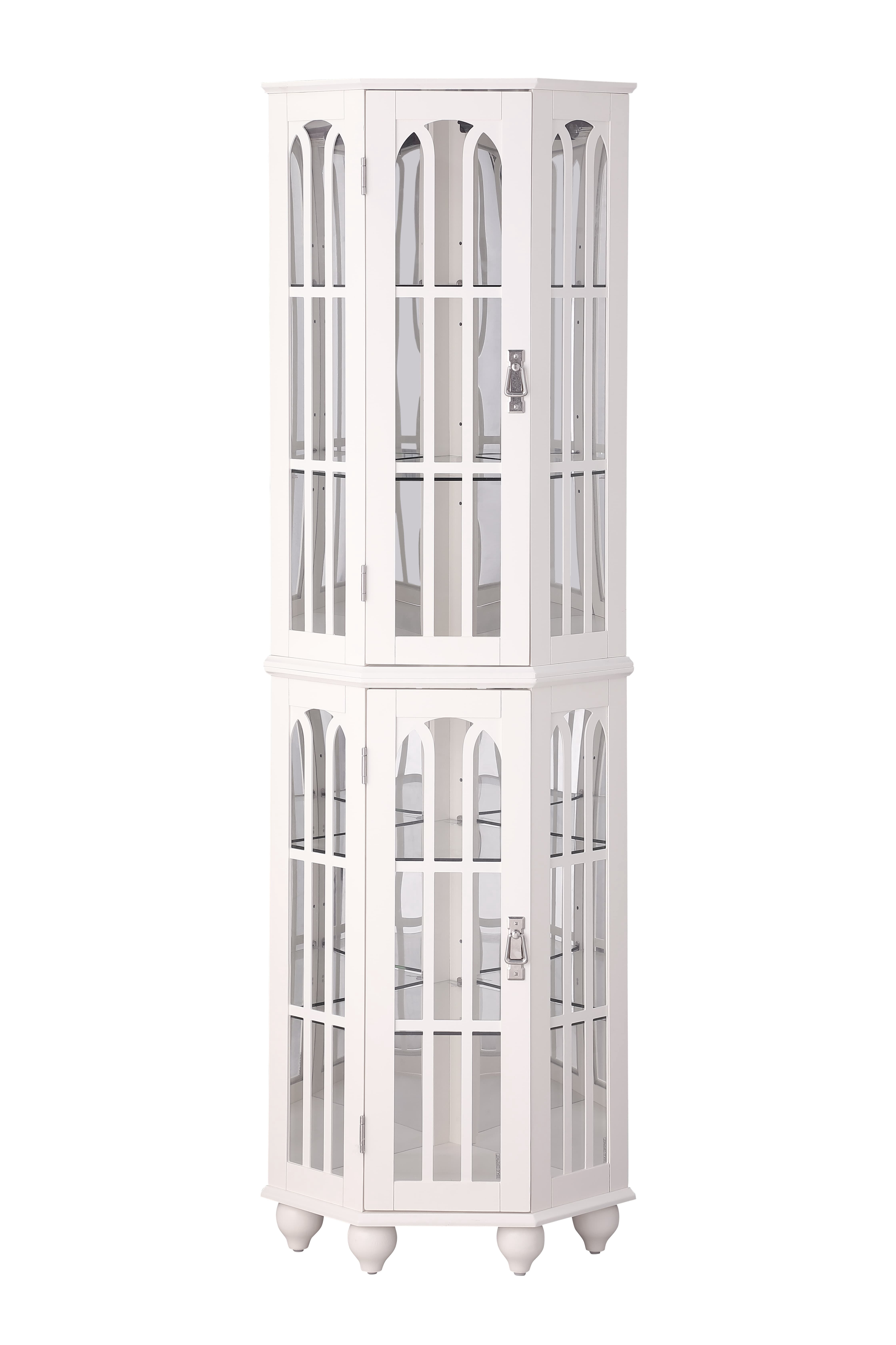 mayceyee Lighted 3-Side Corner Cabinet, 72" Tall Curio Display Cabinet with 4 Adjustable Tempered Glass Shelves, Curved Wood Corner Storage Decoration Rack for Living room & Bedroom Loraine (White)