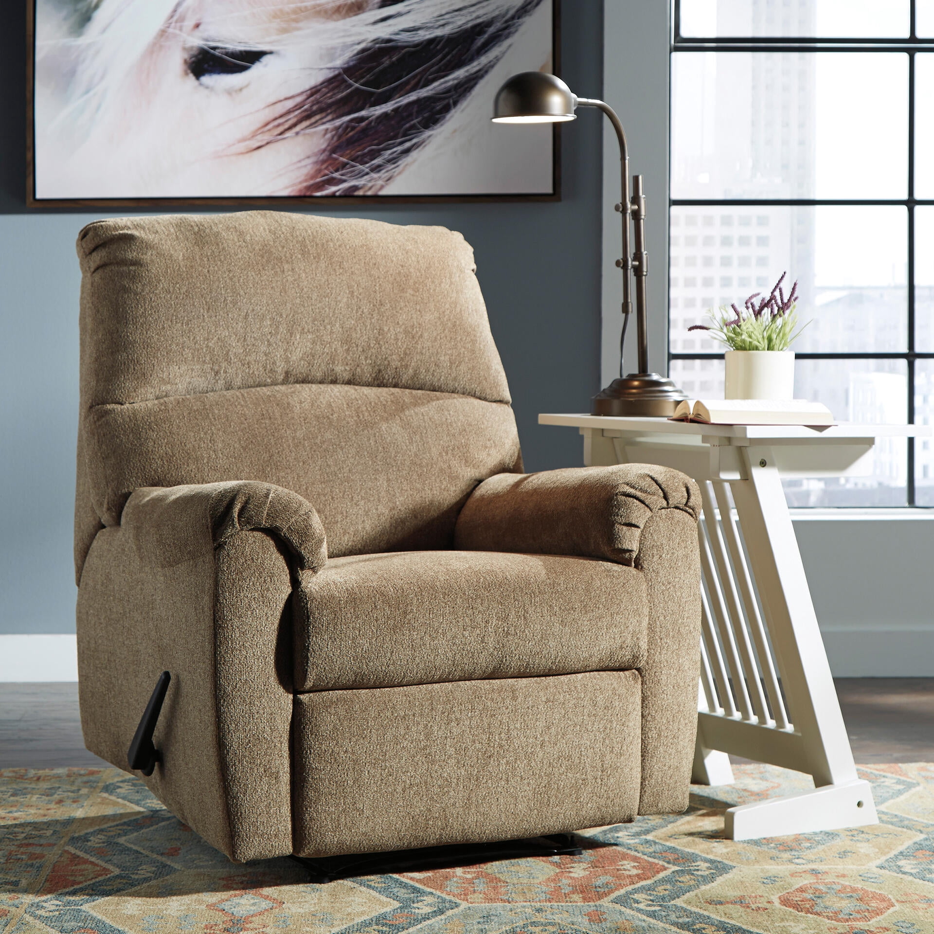 Signature Design by Ashley Nerviano Zero Wall Recliner, Mocha Textured Fabric, Space-Saving Wall Hugger Reclining Chair for Small Spaces Living Room