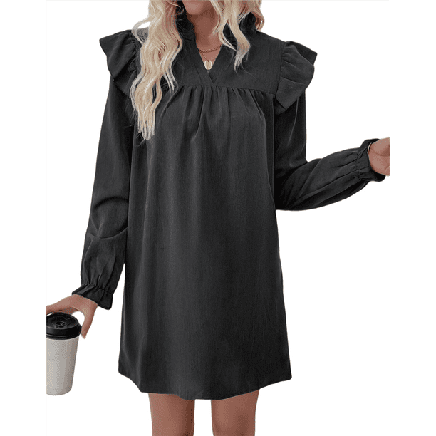 Vestido de Mujer de Larga con Cuello Alto Holgado y Costuras con Volantes Negro XL