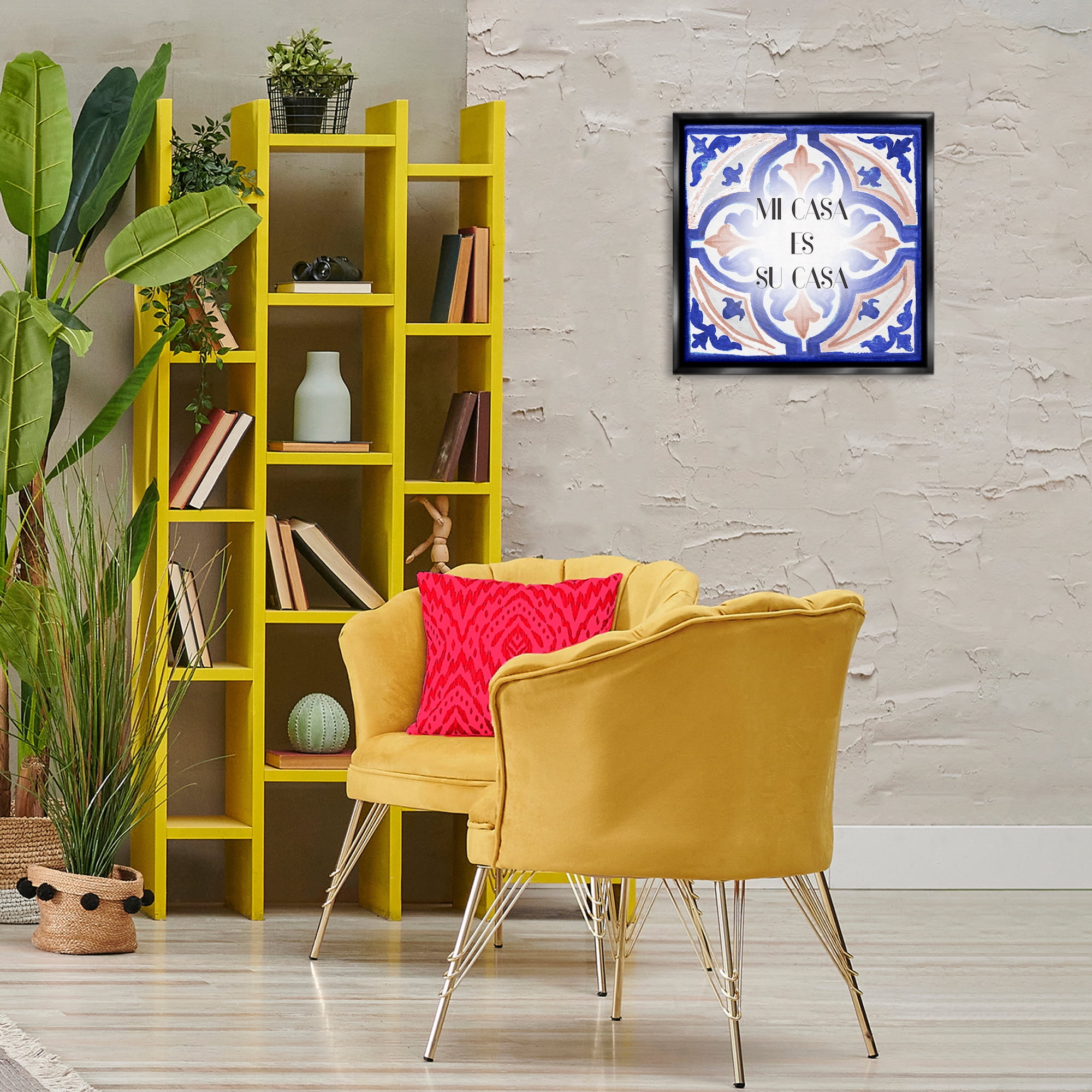 Stupell Industries Mi Casa Azulejos Tropicales Inspirational Quotes & Sayings Painting Black Floater Framed Art Print Wall Art, 18 x 18