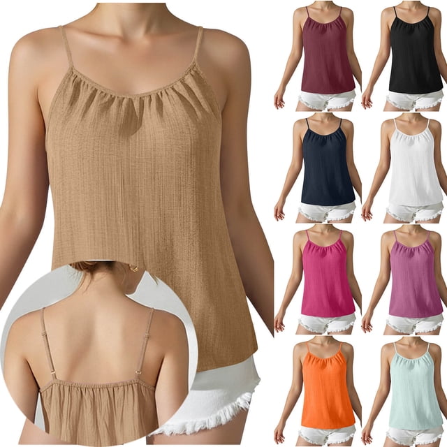 Haut Sans Manches en Imitation Lin pour Femmes avec Bretelles Réglables, Plissé, Blouse Décontractée, Coupe Ample, Respirant, Mode Été / CSEONE, Orange TG