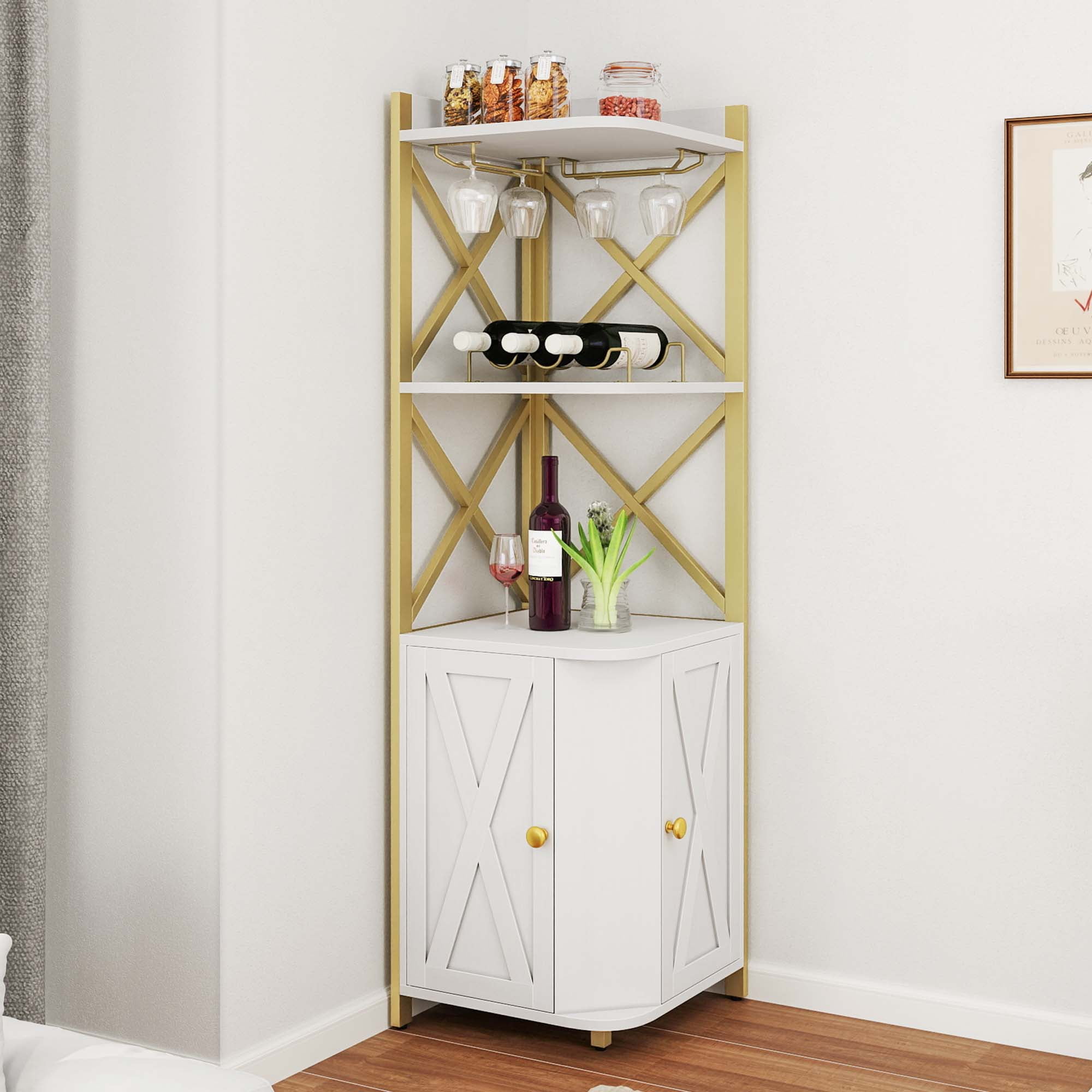 Dextrus 62.8" Corner Bar Cabinet for Liquor and Glasses, Corner Shelf with doors & Wine Rack, White