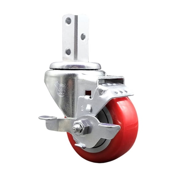 3 Inch Red Polyurethane Wheel Swivel 7/8 Inch Square Stem Caster with Brake