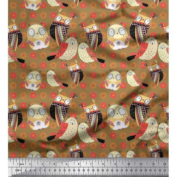 Soimoi Satin Silk Fabric Floral & Owl Cartoon Print Fabric by The Yard 42 Inch Wide